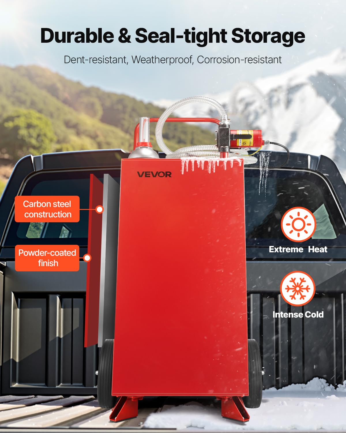 VEVOR Serbatoio Carburante, per Benzina e Gasolio con Pompa Elettrica, Serbatoio Stoccaggio Portatile con 2 Ruote Tubo Flessibile, Contenitore Benzina 136 L, Flusso Massimo 32L Ogni Minuto