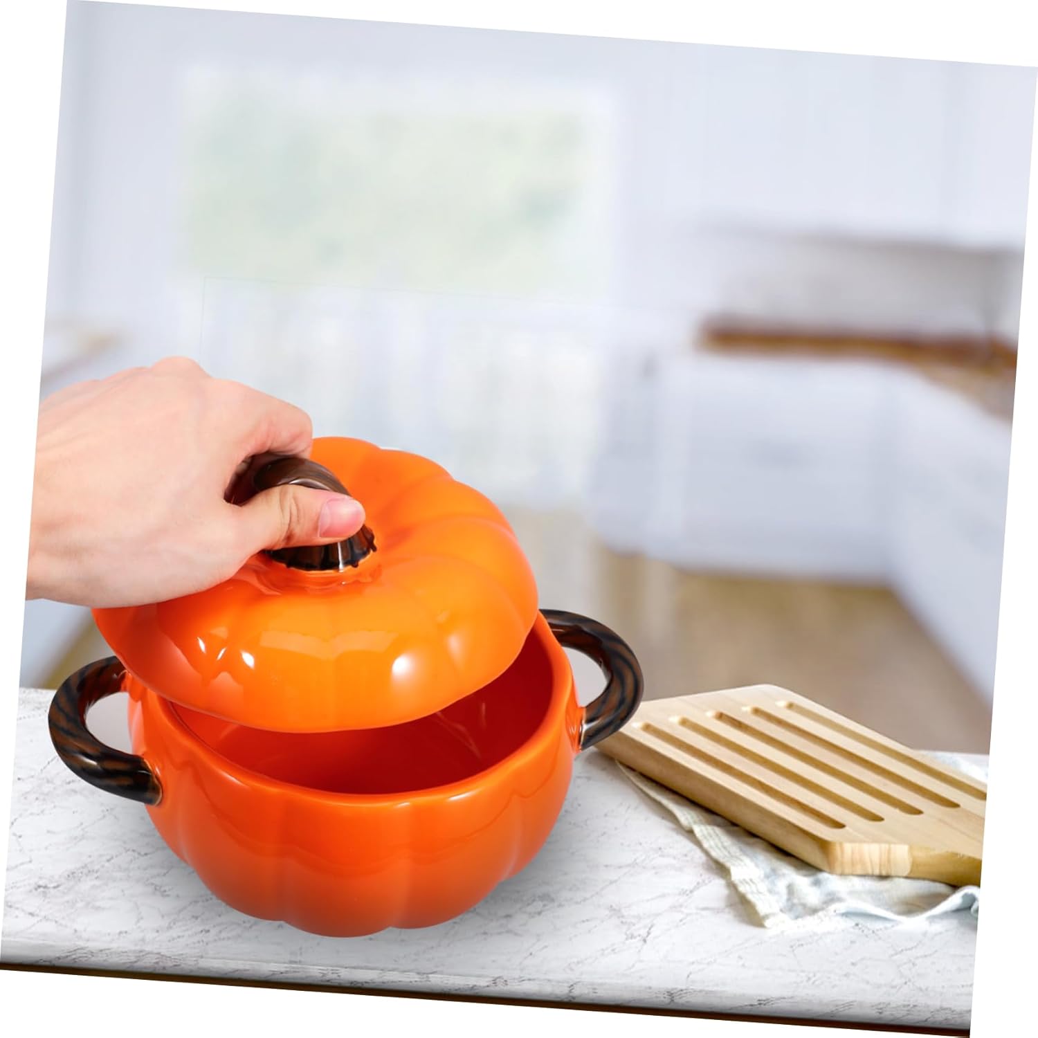 Zerodeko Capacity Pumpkin Soup Bowl with Lid Double Handle Ceramic Stew Bowl for Festive Gatherings Stylish Pumpkin Shape Design for Home Restaurant and Parties