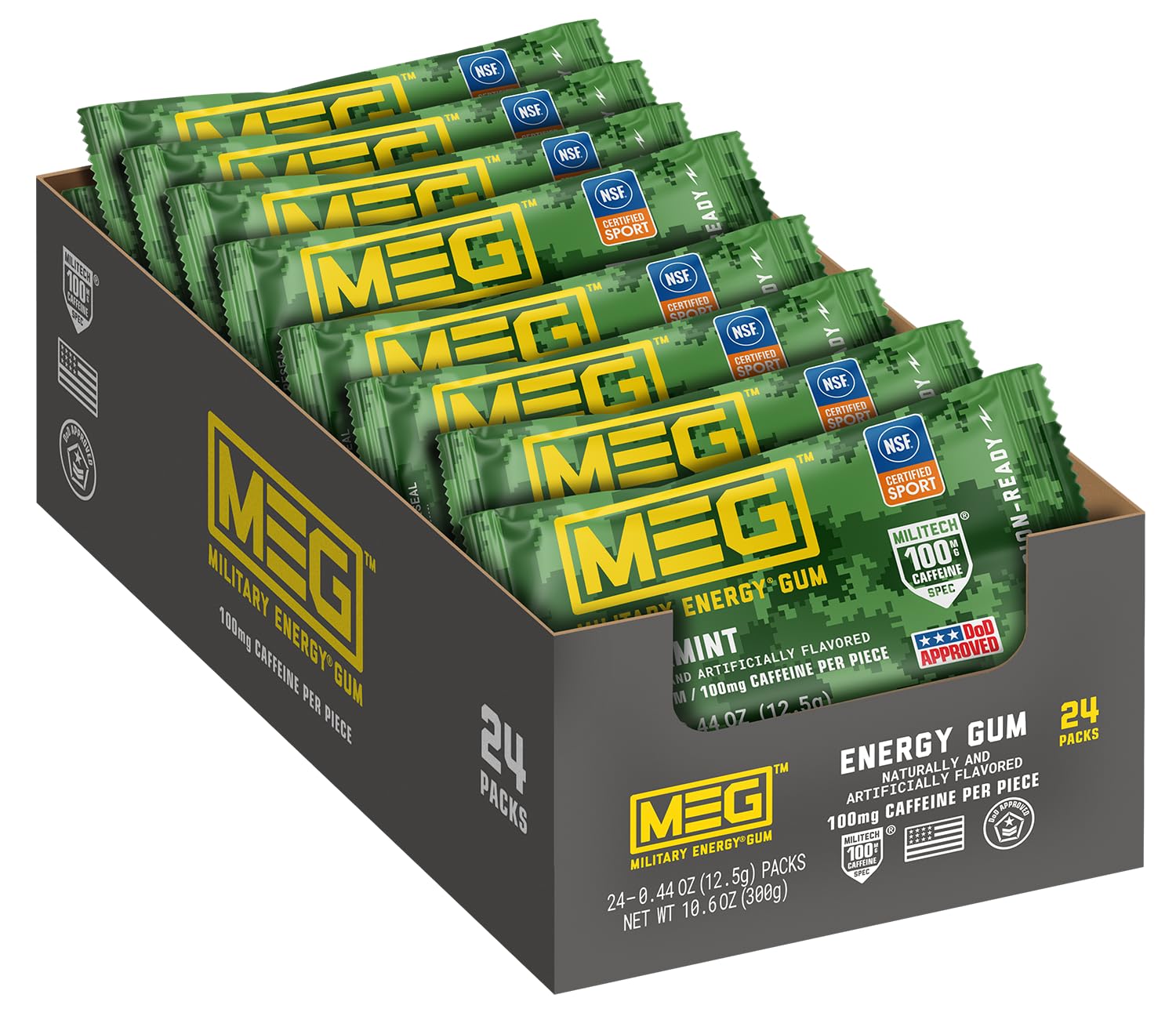MEG (Military Energy Gum) - Spearmint | Enhance Your Physical Performance with 100mg of Caffeine Per Piece, Ultimate Energy Boost for Workouts, Alternative to Energy Drinks | NSF for Sport® Certified - Pack of 24