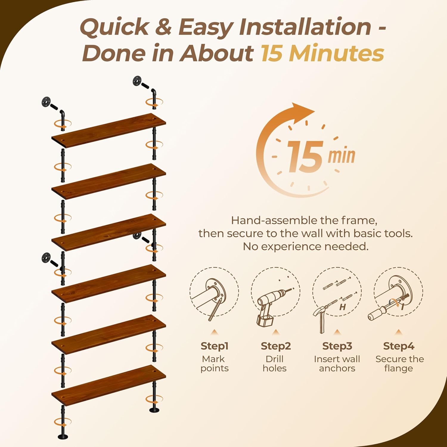 6 Tier Industrial Ladder Shelf Bookcase, Wall Mounted Rustic Bookshelf for Living Room Decor and Storage (Walnut Color, 6 Tier - 10" D x 48" W x 82.5" H)