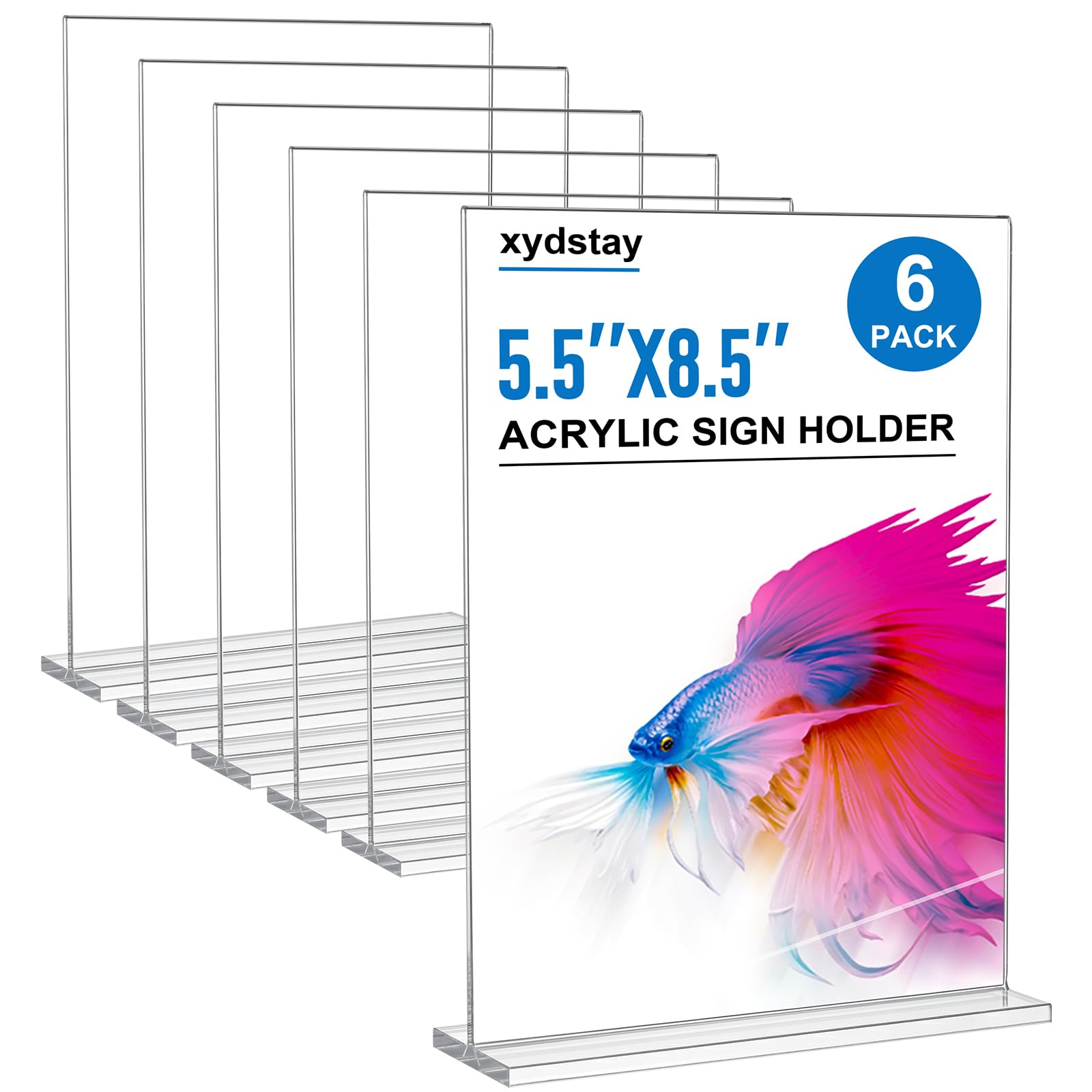 xydstay Paquete de 6 soportes acrílicos para letreros de 8.5 x 5.5 pulgadas, soporte vertical de plástico transparente en forma de T, soporte de menú, soporte de letrero de mesa irrompible para