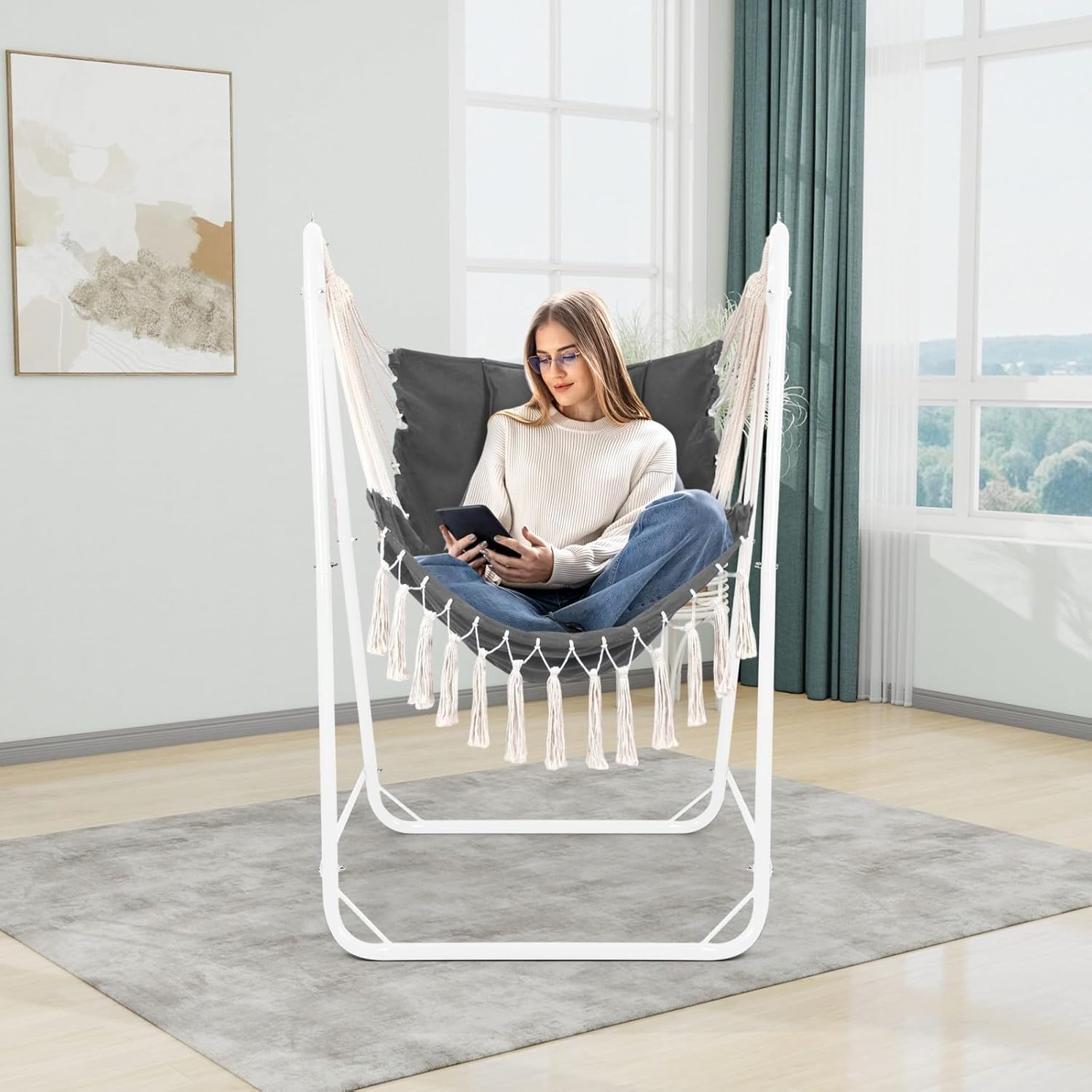 U-Shaped Hammock Chair with Stand, Indoor & Outdoor Heavy-Duty Metal Frame, Hammock Swing Stand Chair with Side Pockets for Brackyard Patio Porch (Dark Gray)