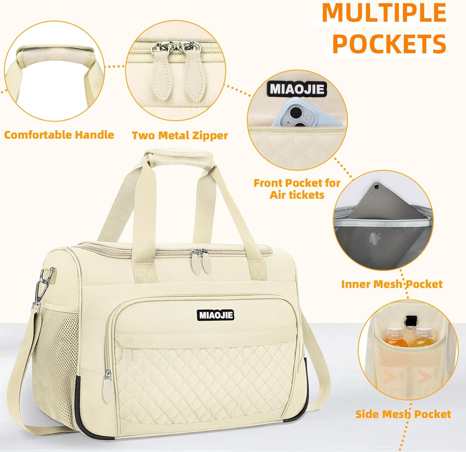 Travel Duffle Bag for Women, Underseat Carry On luggage Bag Foldable Overnight Weekender Hospital Bag Lightweight Airplanes Personal Item Travel Tote Bag for Women Birthday Gifts, 16IN Beige - Image 5