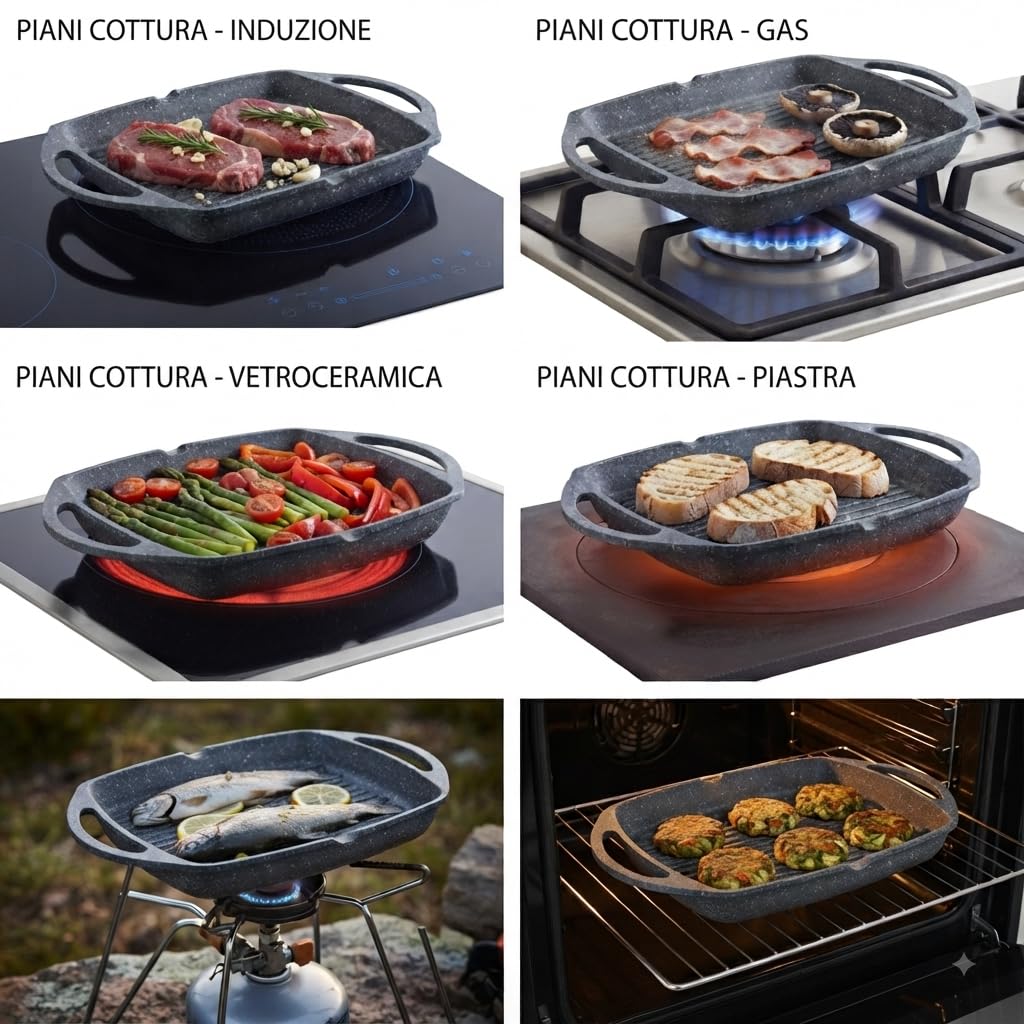 GMD Cookware Vassoio Grigliato Pietra Lavica 36x22 cm Induzione | Rivestimento Antiaderente, PFOA Free, Compatibile Gas e Forno vetroceramica e induzione , Magma Coating, Alluminio