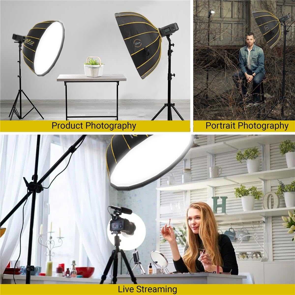 Glow EZ Lock 34" Collapsible Silver Beauty Dish Softbox w/Bowens Mount Speedring and Deflection Disk, 16 Ribbed Design Soft Box w/Silver Interior for Perfect Lighting and Beauty Dish Photography