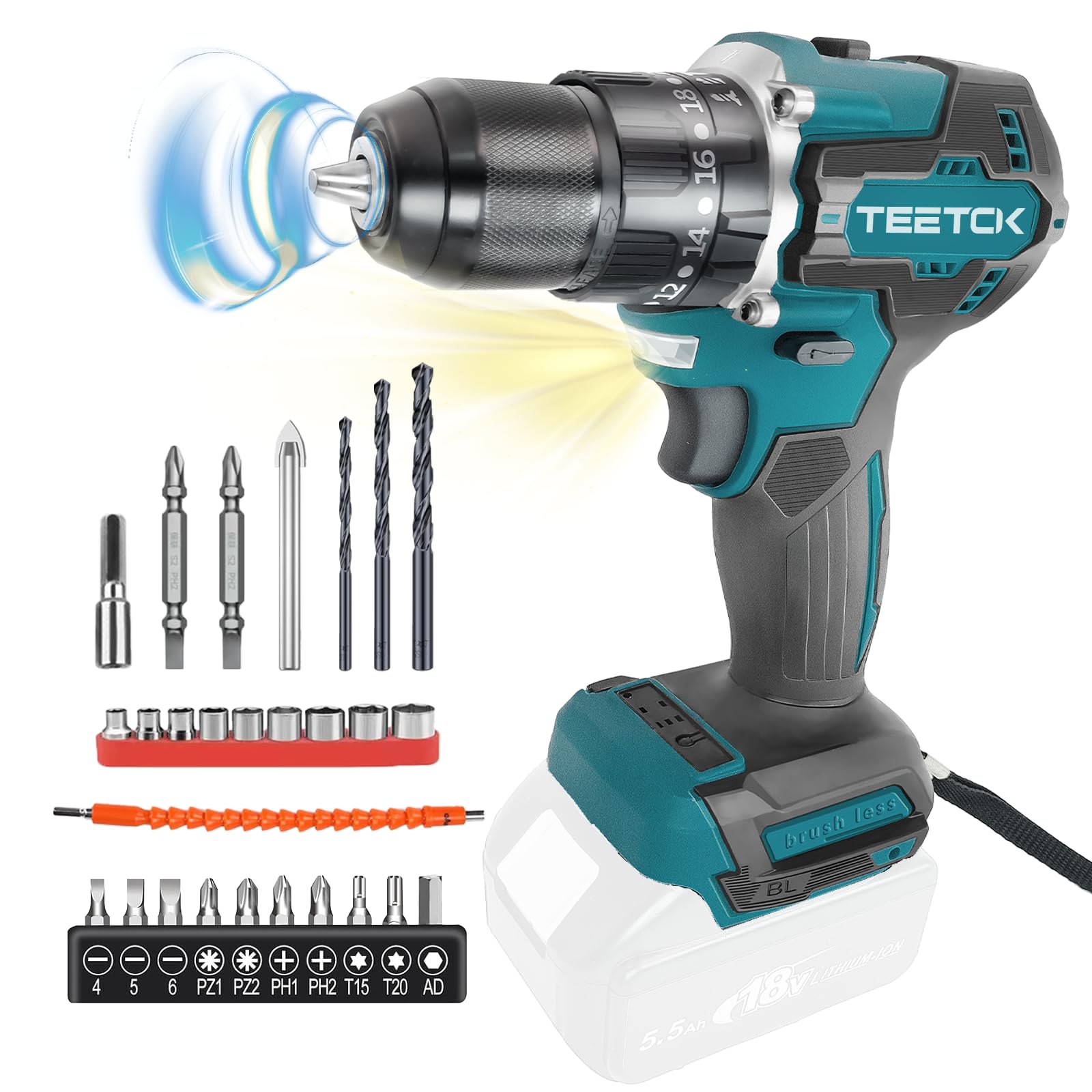 TEETOKCordless Drill Driver Compatible with Makita 18V Battery, Electric Screwdriver Set 25+1 Torque Setting, 45 N・m, 2-Speed, 0-2800RPM, 27 PCS Kit for Home Garden DIY Project (2X 3.0Ah Battery)