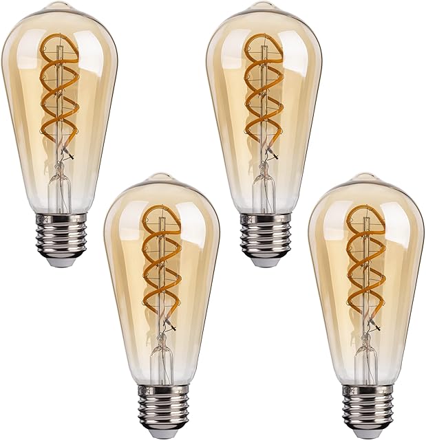 FLSNT LED Edison Bulb, ST58 Vintage Spiral Filament Light Bulb 4W(40W Equivalent), E27 Base, Non-Dimmable, Warm White 2200K, Amber Glass, 4 Pack