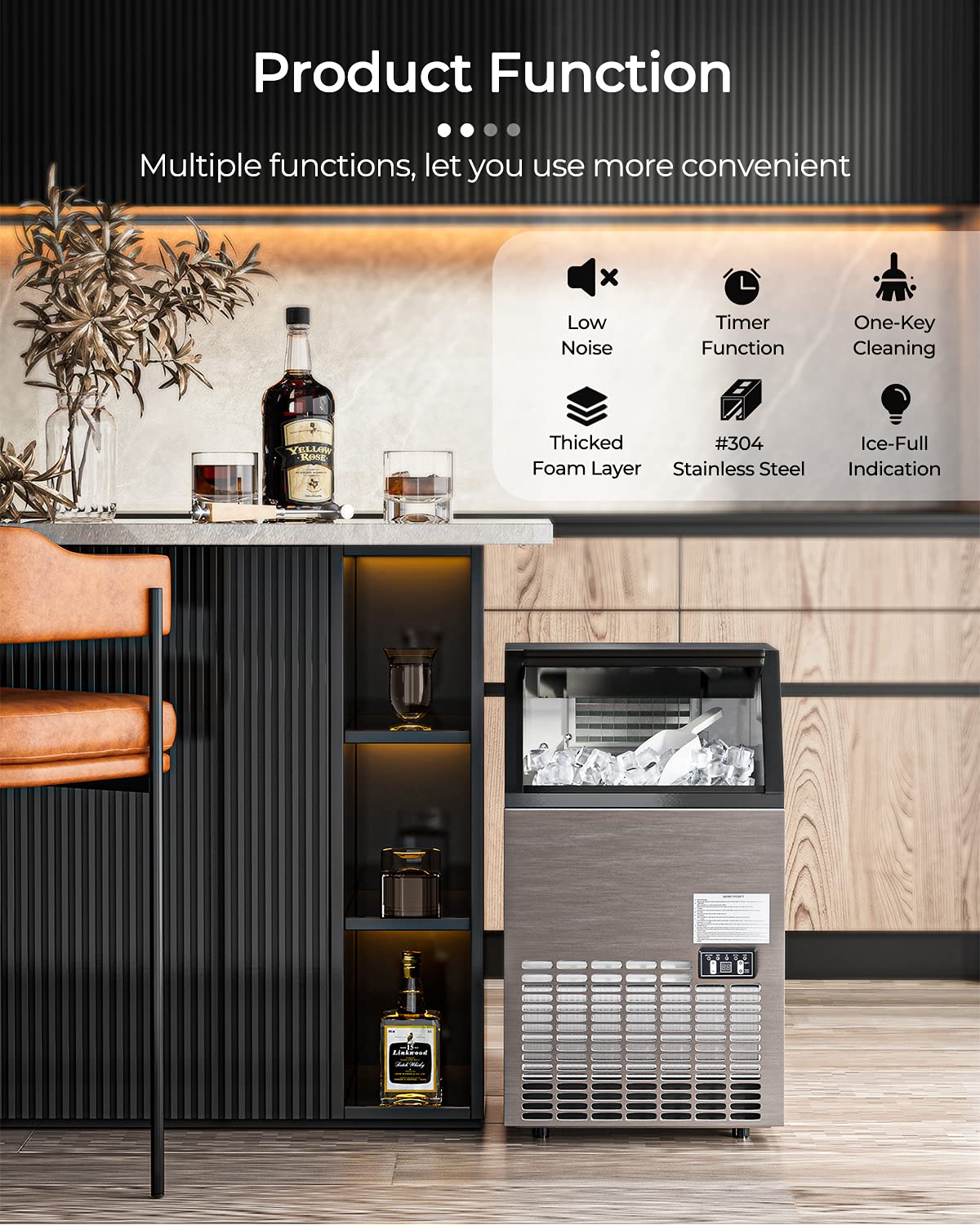 KOTEK Commercial Ice Maker Machine - Makes 110 Pounds Ice in 24 hrs with 33 Pounds Storage Capacity 45 Cubes- Ideal for Restaurants, Bars, Homes and Offices - Includes Scoop and Connection Hose