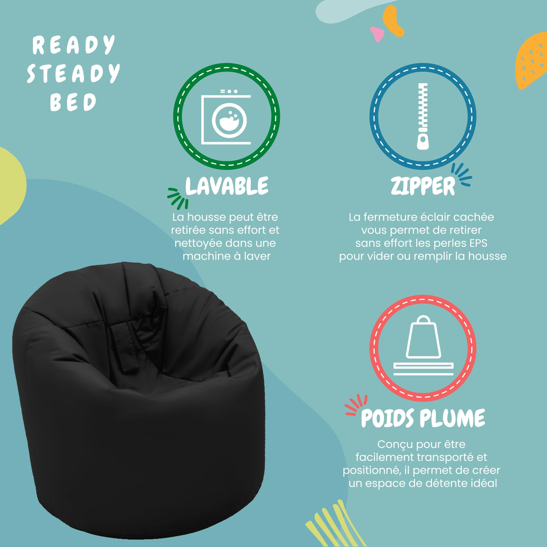 Poltrona Sacco Pouf da Giardino, Puffo per Sedersi Bambini e Adulti, Resistente all'acqua, Nero
