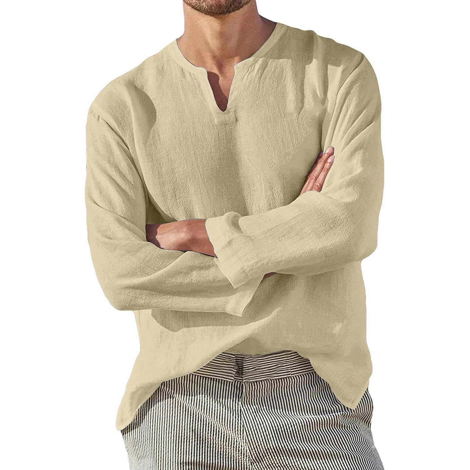 Uomo Maglia a Maniche Lunghe in Cotone Camicia di Lino Uomini Breve Traspirante Comodo Colore Solido Manica Lunga Camicetta Casuale-Bianco-5Xl