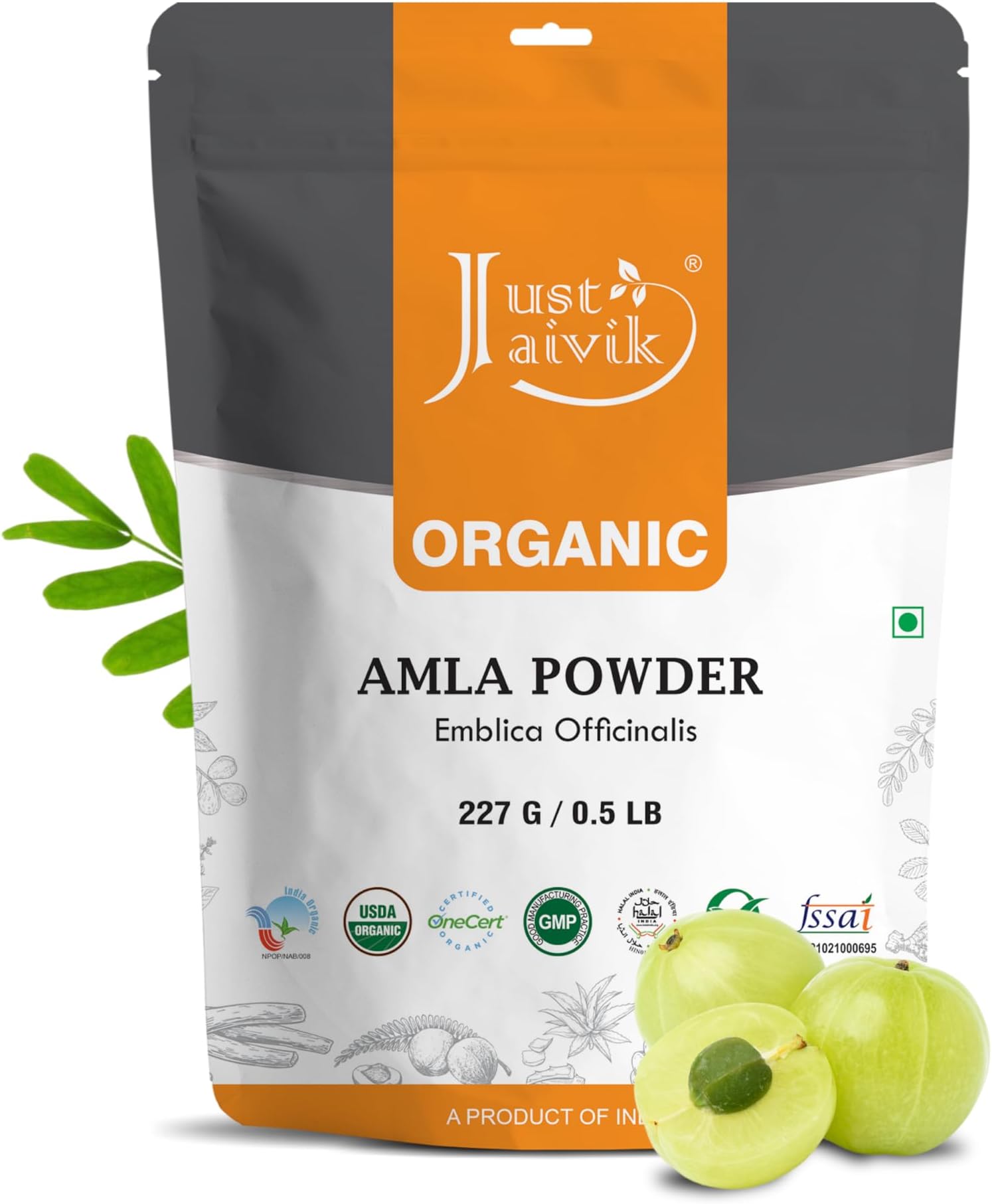 Just Jaivik 100% Organic Amla Powder - Certified Organic by OneCert Asia, 227 gms / 1/2 LB Pound / 08 Oz - Indian Gooseberry - Emblica Officinalis - (AN USDA Organic Certified Herb)