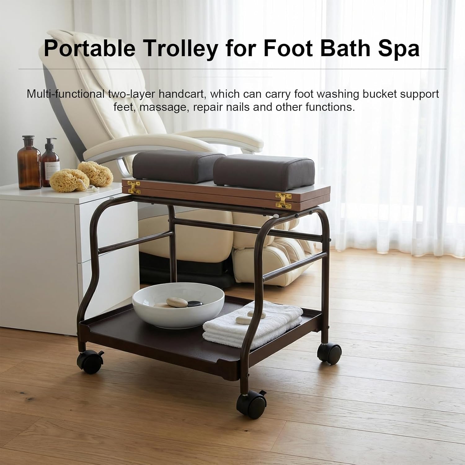 Beauty Salon Nail Or Foot Bath Spa Portable Esthetician Trolley Cart for Foot Rest Pedicure Manicure Funiture Massage Table Salon Supplies 2 Way Use 3 Color Option Elitzia (Dark Brown)