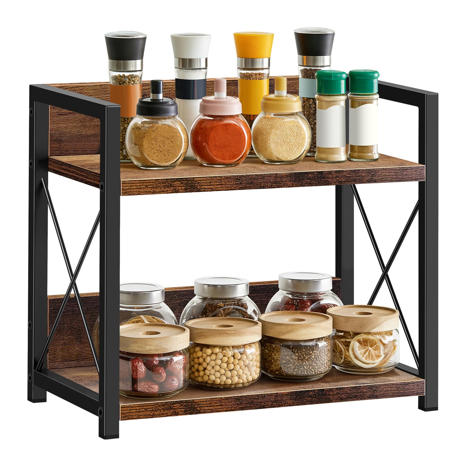 Lucn 2 Tier Spice Rack Coffee Station Organizer Wooden Kitchen Countertop Organizer Kitchen Countertop Organizer Spice Rack Multipurpose Wooden Storage Shelf