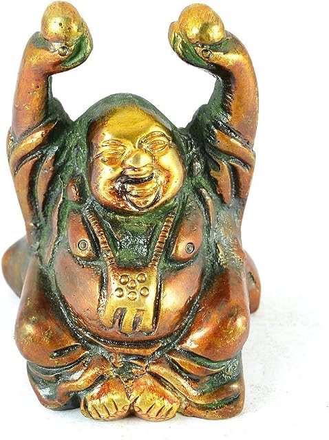 Purpledip Vintage Laughing Buddha Statue in Solid Brass Metal: Harbinger of Wisdom and Wealth - Use as Home Decor Showpiece for Feng-Shui, Golden Finish (10325)