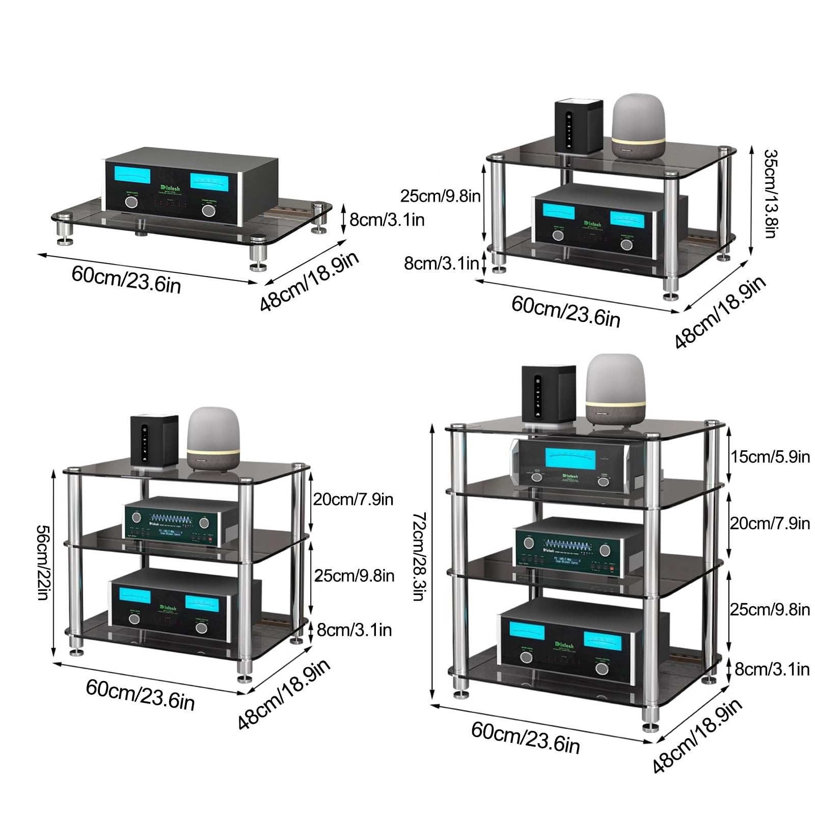 AV-Media-Ständer, Stereo-Regal mit 3 Ablagen, 35,1 cm Höhe, modernes Entertainment-Center für TV-Audio- und Videogeräte, verstellbare Aufbewahrungslösung, schwarzes Finish