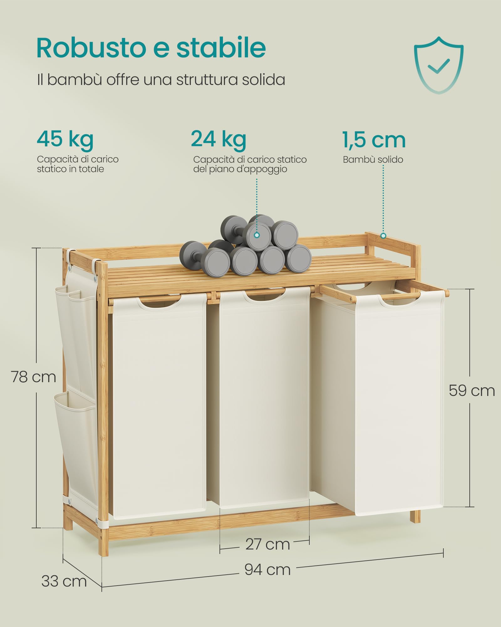 SONGMICS Cesto Portabiancheria a 3 Scomparti, Cesto Biancheria Sporca in Bambù 150 L, Porta Biancheria con Piano, Tasche Laterali, 3 x 50 L, 94 x 33 x 78 cm, Bianco Crema RLH115W01