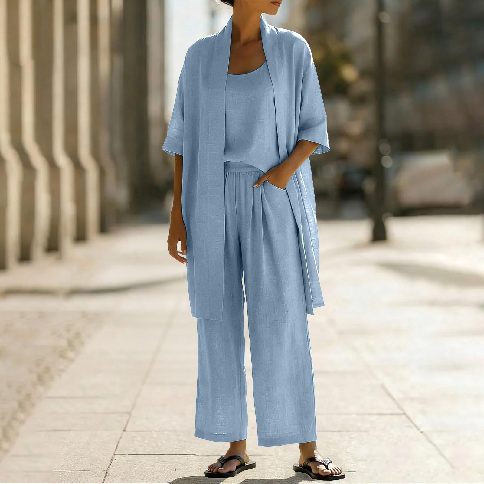 Générique Ensemble Femme Chic Élégant 3 Pièces en Lin Haut Assorti à Manches Courtes Haut Sans Manches Pantalon Palazzo Taille Haute à Jambes Larges Tenue d'Été Décontractée Grande Taille
