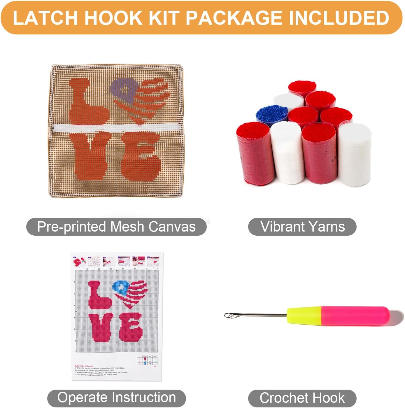 QIONG MENG Latch Hook Kits for Adults, DIY Love Stars American Flag Patriotic 4th of July Pillow Cover Kit Needlework Cushion Cover Hand Craft Crochet for Home Sofa Decorations 17 x 17 Inch