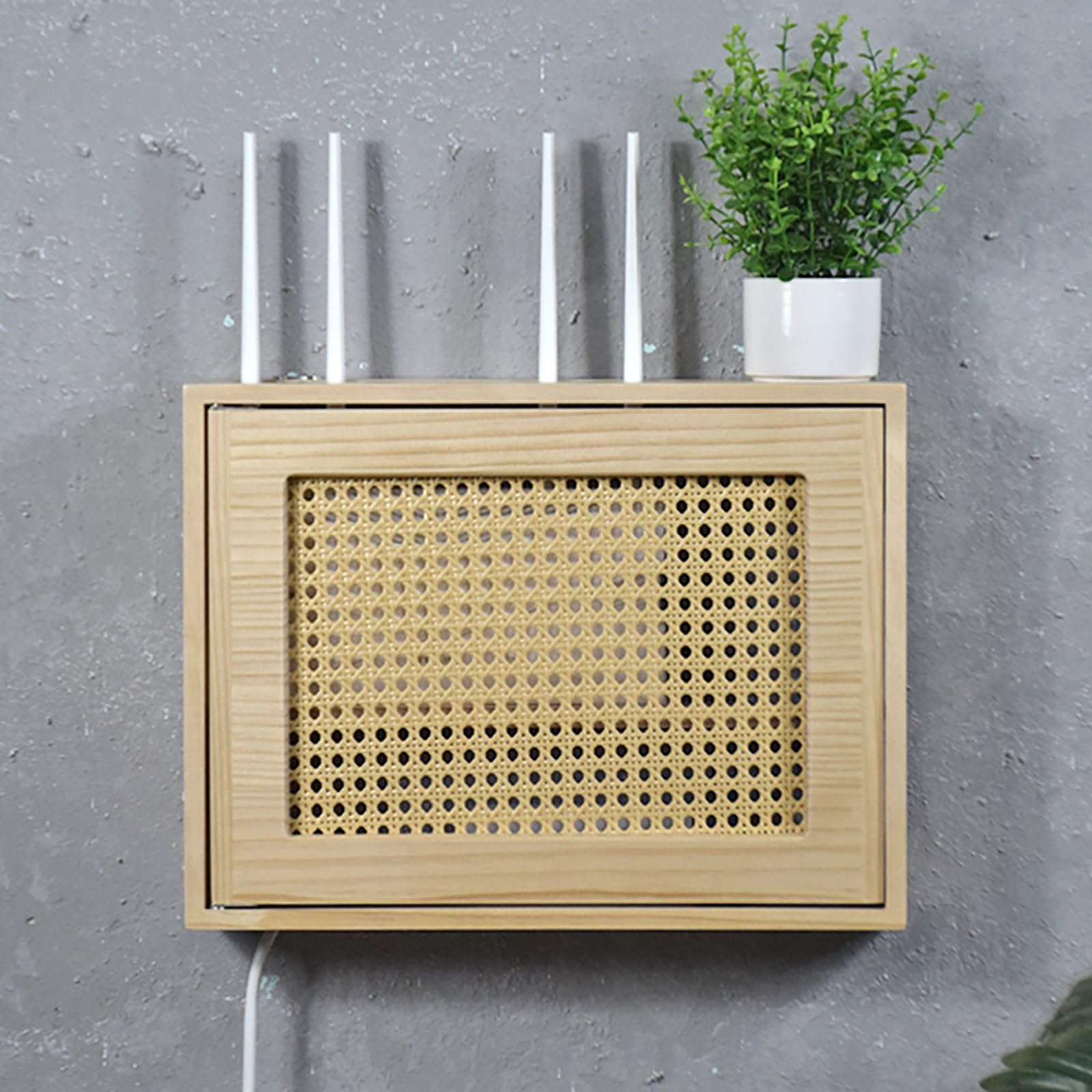 Étagère murale pour routeur, cache-boîte WiFi en rotin, armoire à routeur en bois pour la maison et le bureau, design peu encombrant, installation facile, organisateur moderne