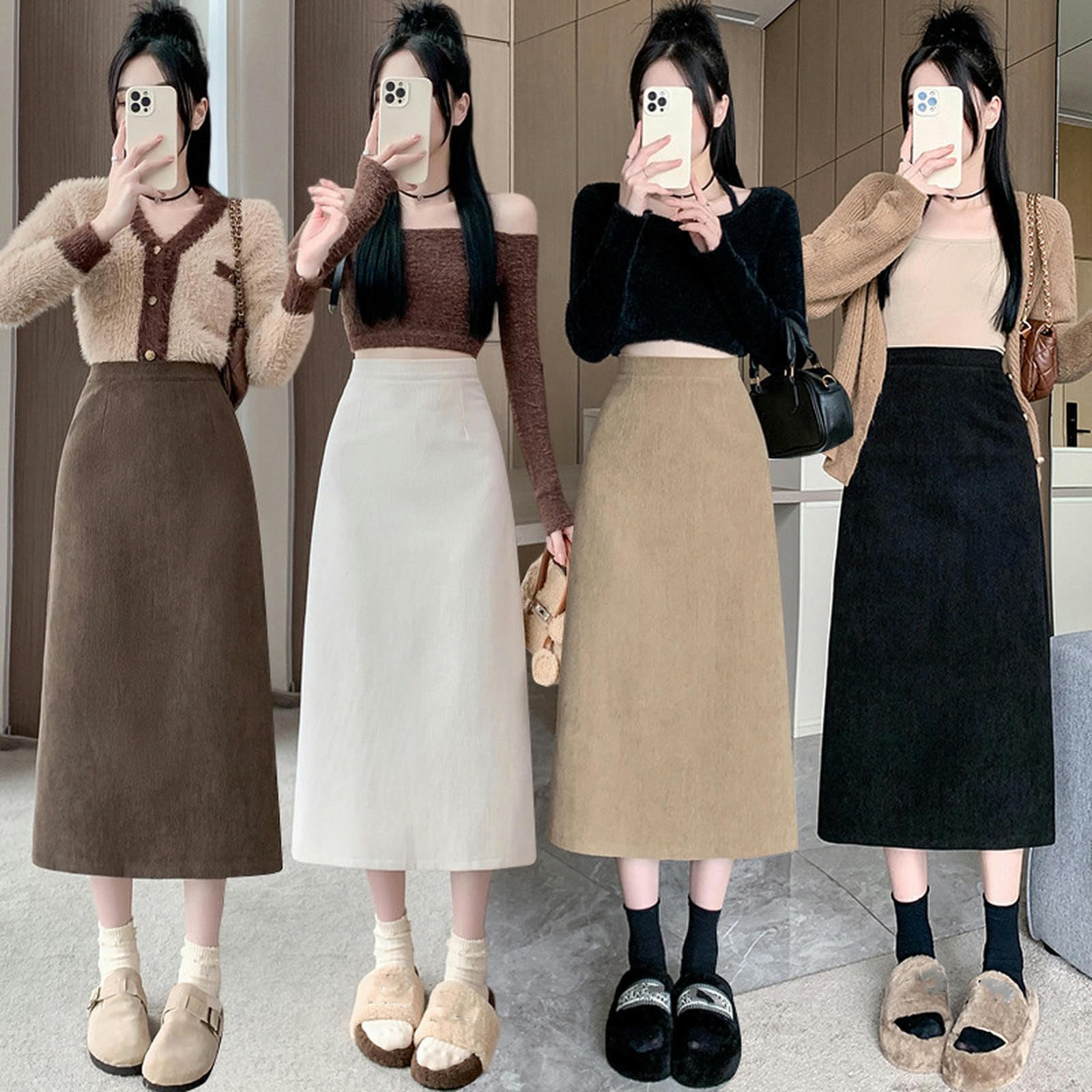 Röcke Damen Cord -midi -Rock - Hoher Taillierter A -line Midi, Vielseitiger Herbst Winterstil Frauenröcke Schlanker Passform Und Wärme-braun-XL
