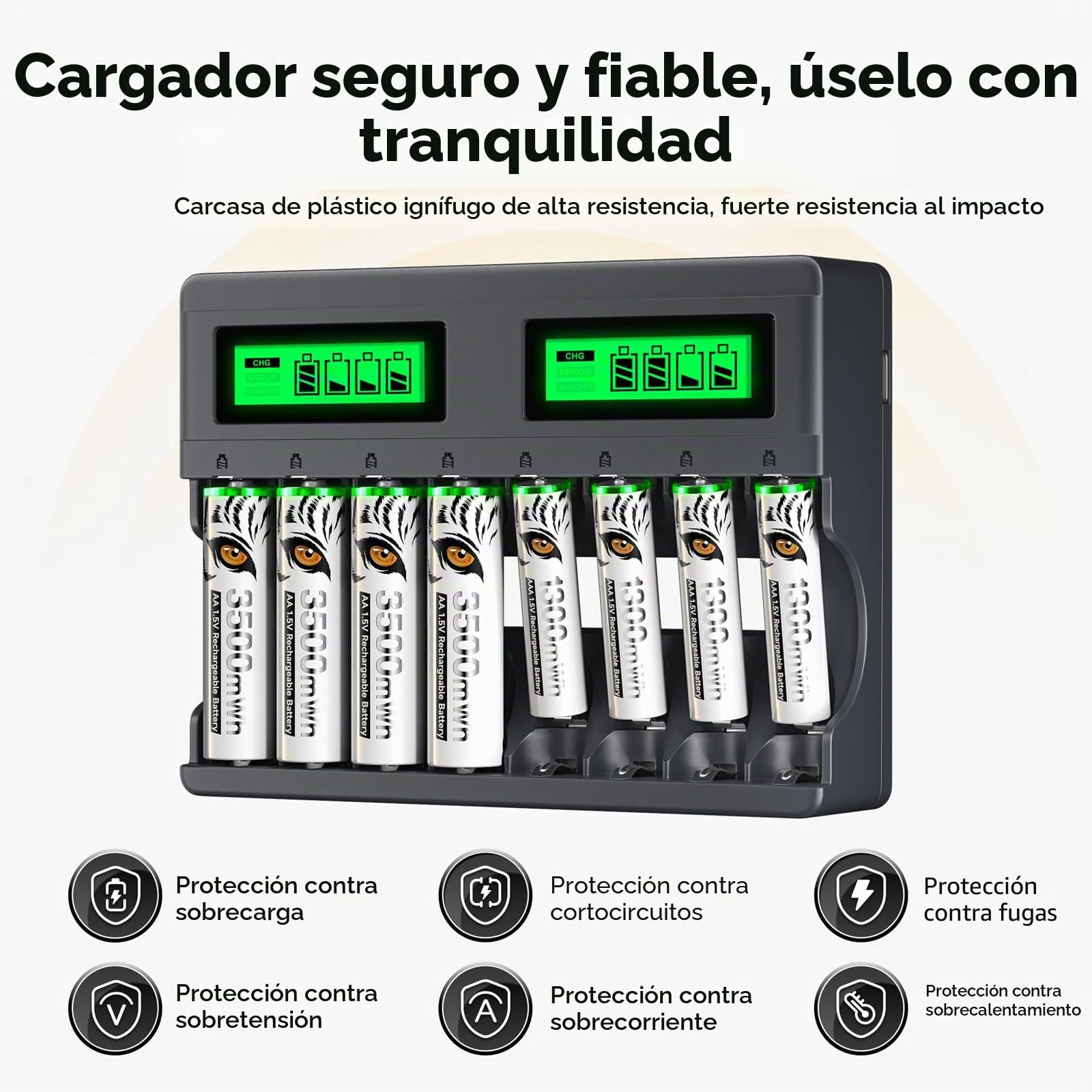 Pack de 8 Pilas AAA de Litio Recargables Con Cargador, 8 Ranuras USB C Tipo-C, Carga Independiente, LCD Cargador Rápido Inteligente, 1,5 V
