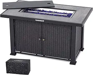 44" Propane Fire Pit Table, 50000BTU Rectangle Fire Table with Cover & Rain Cover, Sturdy Steel and Iron Fence Surface, CSA Safety Certified, Companion for Your Garden (Double Door)