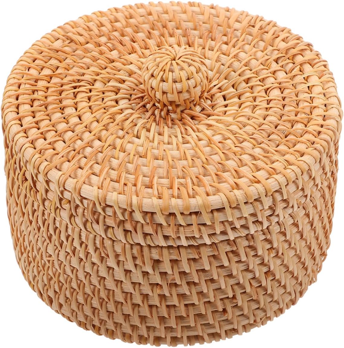 MAGICLULU Round Lidded Rattan Storage Box 5.11X5.11X3.14In Woven Organizer for Desktop Makeup Sundries Office Bathroom Storage