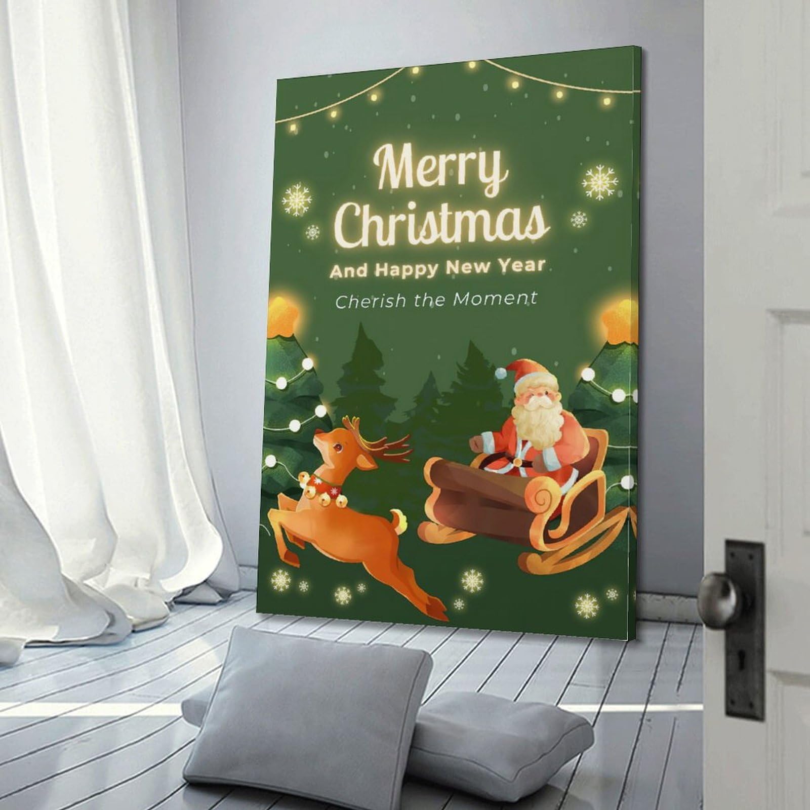 ZlXXYZ Poster su tela per decorazione moderna per famiglia e ufficio, poster natalizio con sfondo verde, doppio poster per festival con slitta di renne, doppia celebrazione, 40 x 60 cm, con cornice
