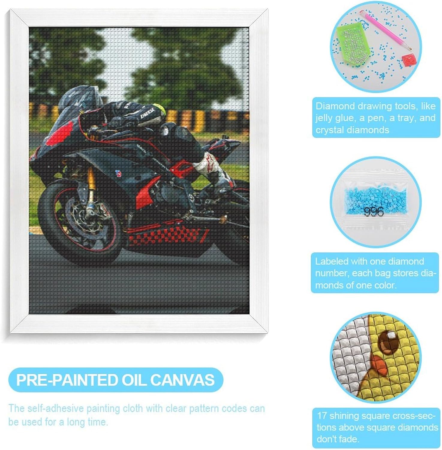 Racing Motorcycle Riding Diamond 5D Painting Kits with Frame DIY Full Round Drill Gem Art Crafts for Home Wall Decor 16 X 20in White Wood 40 * 50cm