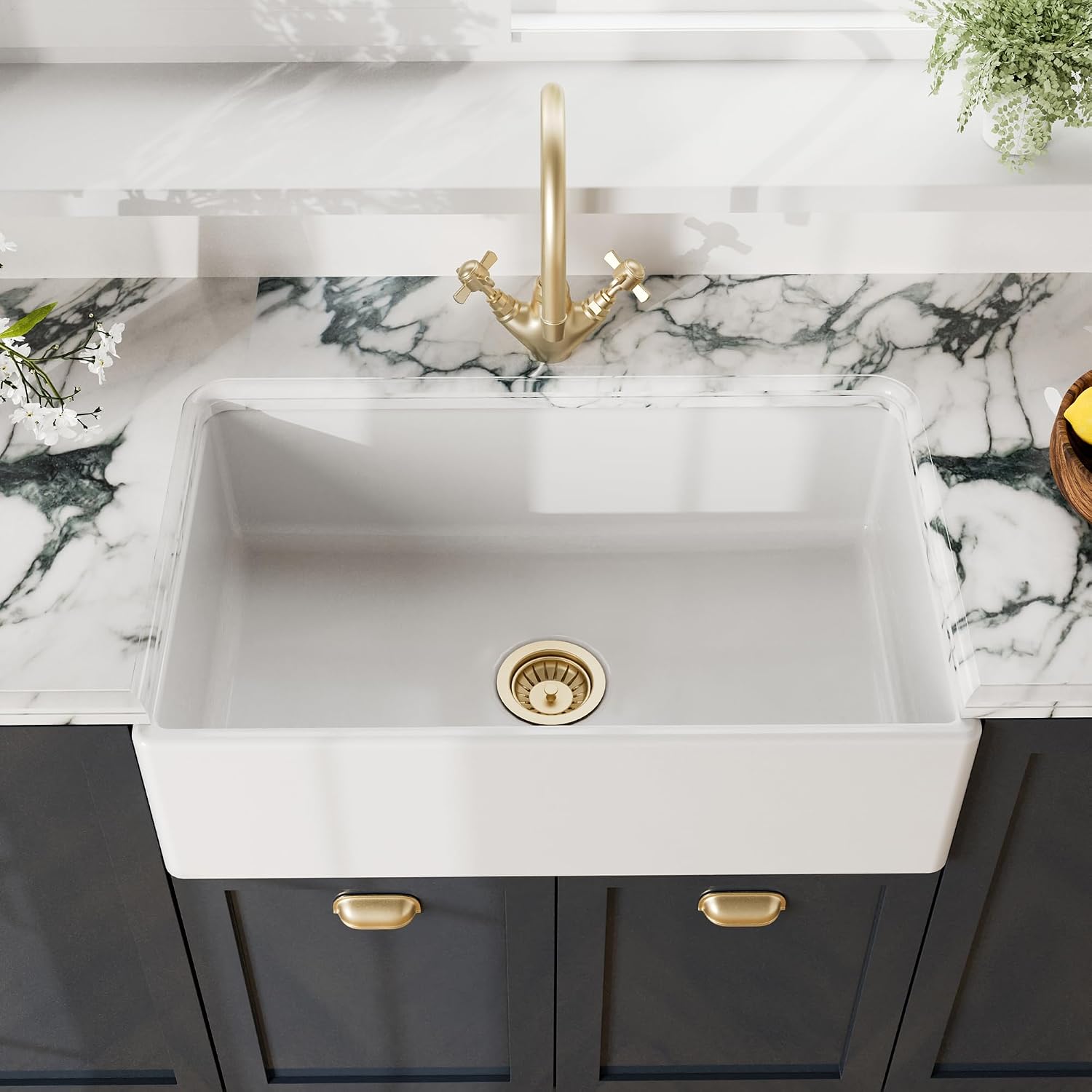 Nuie White Kitchen Sink 30 inch Single Bowl Apron Front Farmhouse Sink with Central Waste Position, Fireclay Ceramic Kitchen Sinks, Farmhouse Sinks for Kitchens - 30x18x8.5" (White)