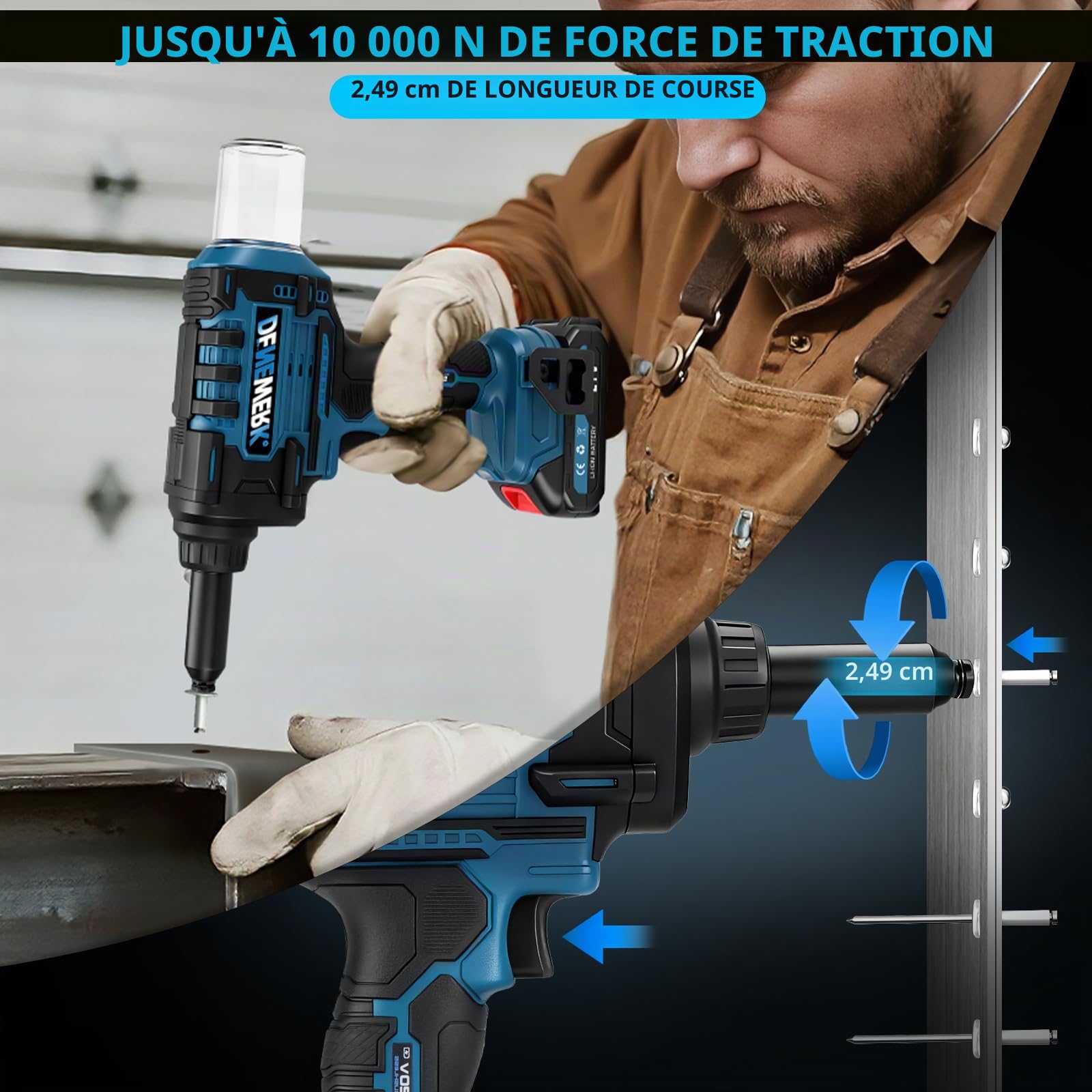 Pistolet à riveter sans fil compatible avec Makita 18V, Pince à rivets électrique 10 000N, Pour rivets aveugles en acier 2,4-4,8 mm & rivets aveugles en aluminium 2,4-6 mm, course 25 mm(sans batterie)