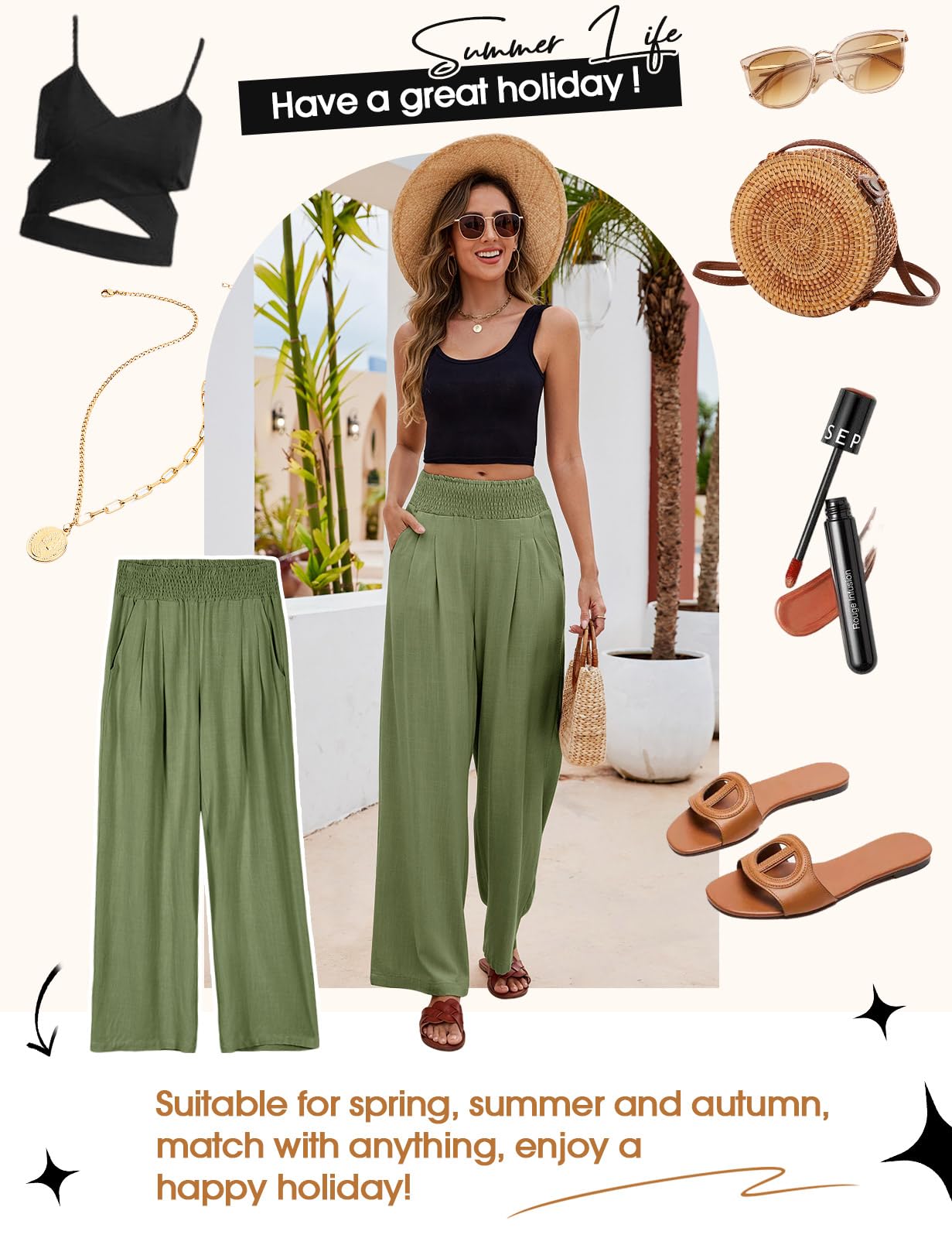 Pantalones de Lino Mujer Verano Algodón Cintura Alta Palazzo Pierna Ancha con Bolsillos