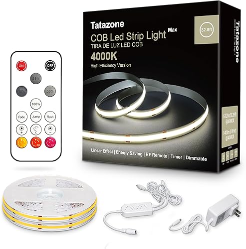 Miniatura 8 de Tira de luces LED COB blanca Tatazone Max con control remoto RF, 5m 6500K luz de tira de mazorca ultra brillante regulable de luz blanca diurna,