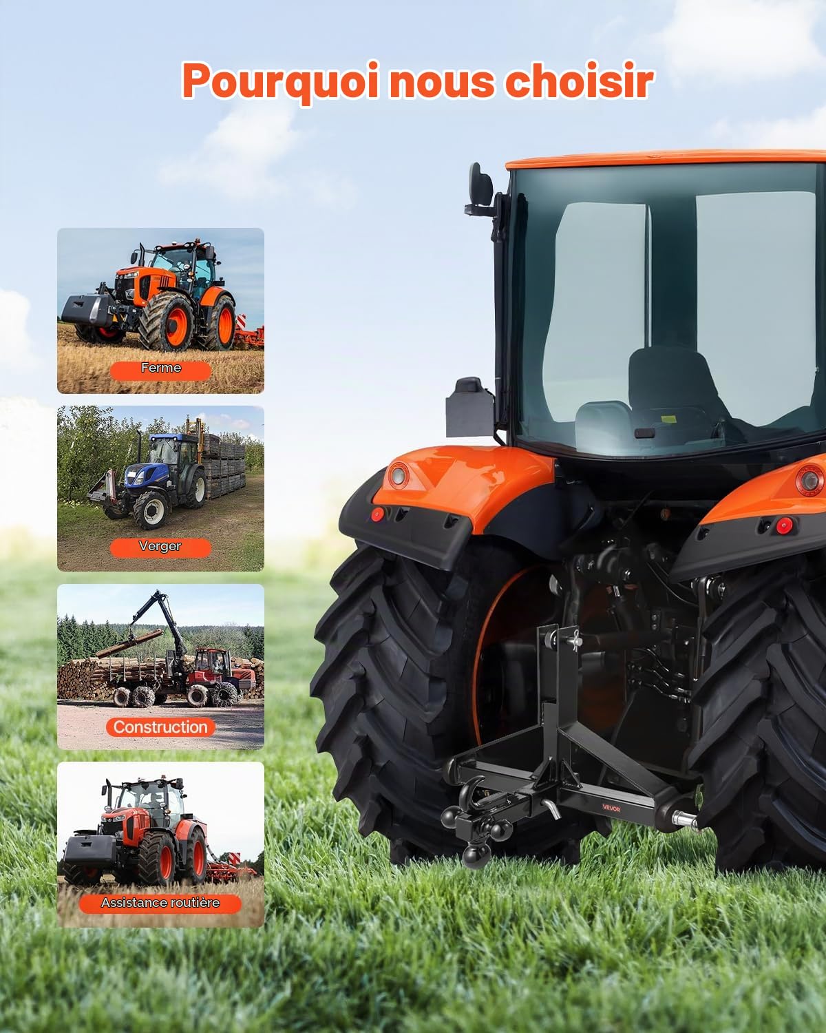 VEVOR Attelage 3 Points avec Récepteur 5 cm, Fixation Rapide 3 Points, avec 3 Boules de Remorquage, Adaptateur Barre de Remorquage pour Effectuer Travaux Agricoles pour Plupart Tracteurs Attelage 5 cm