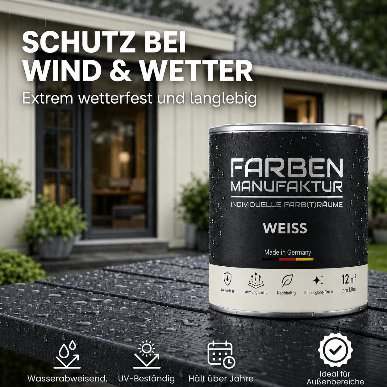 Schwedenfarbe Holzfarbe Außen Wetterfest – Holzschutzfarbe für Fassade, Gartenhaus, Zaun & Scheune – Diffusionsoffen & Nachhaltig Wetterschutzfarbe 2L, Größe: 2L, Farbe: weiß