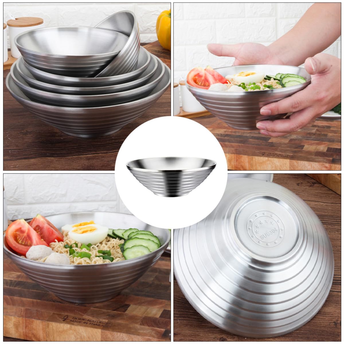 Supvox Edelstahl Suppenschüssel 16 cm Doppelwandig Isoliert – Ramenschüssel für Suppe Nudeln Reis und Salat Lebensmittelechte Servierschüssel für Küche und Haushalt