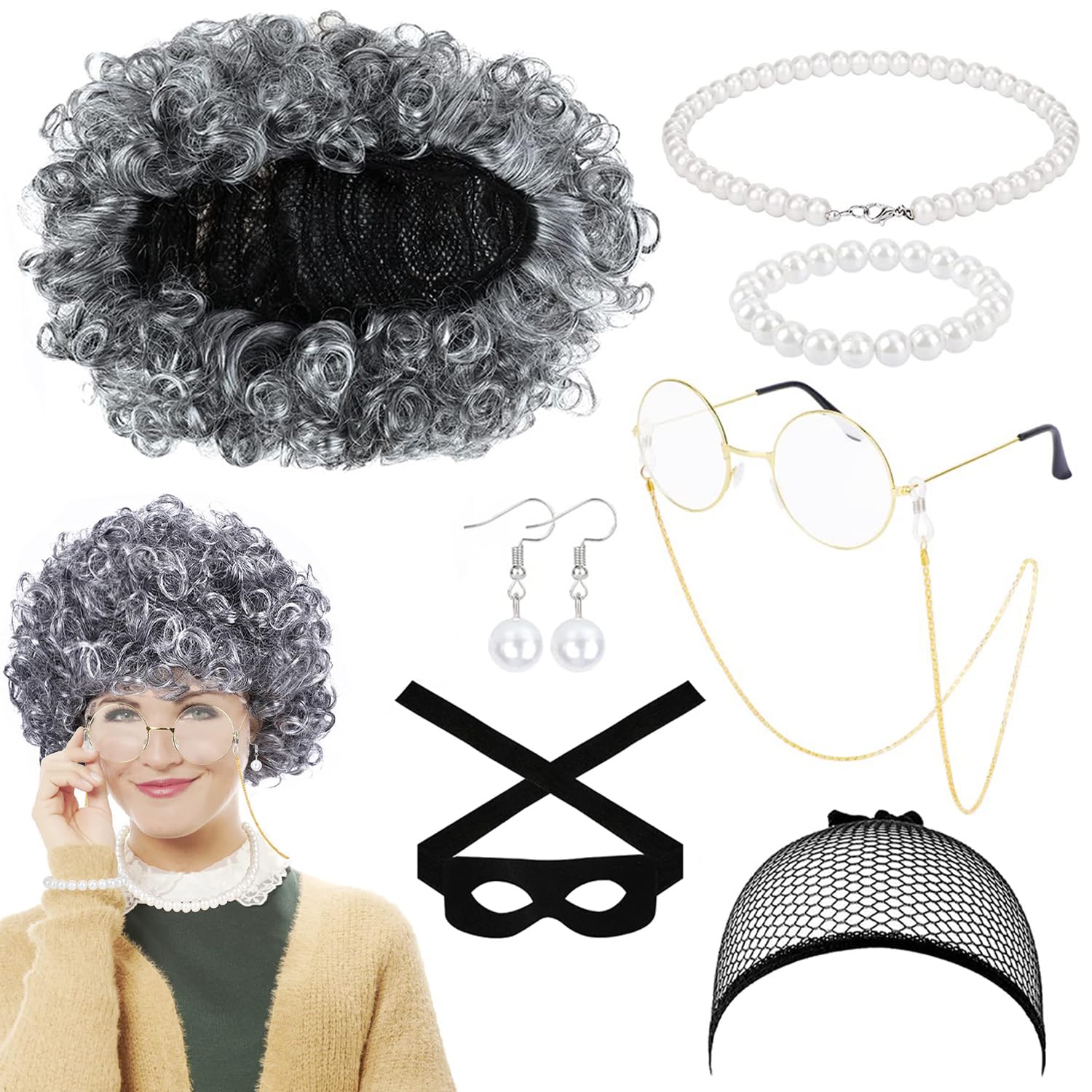 ZKFSIE Gangster Granny Costume Set, Granny Wig, Wig Cap, Glasses, Glasses Chain, Burglar Mask, Faux Pearl Necklace, Bracelet, Earrings - Grey, Unisex-Adults, Halloween, Carnival