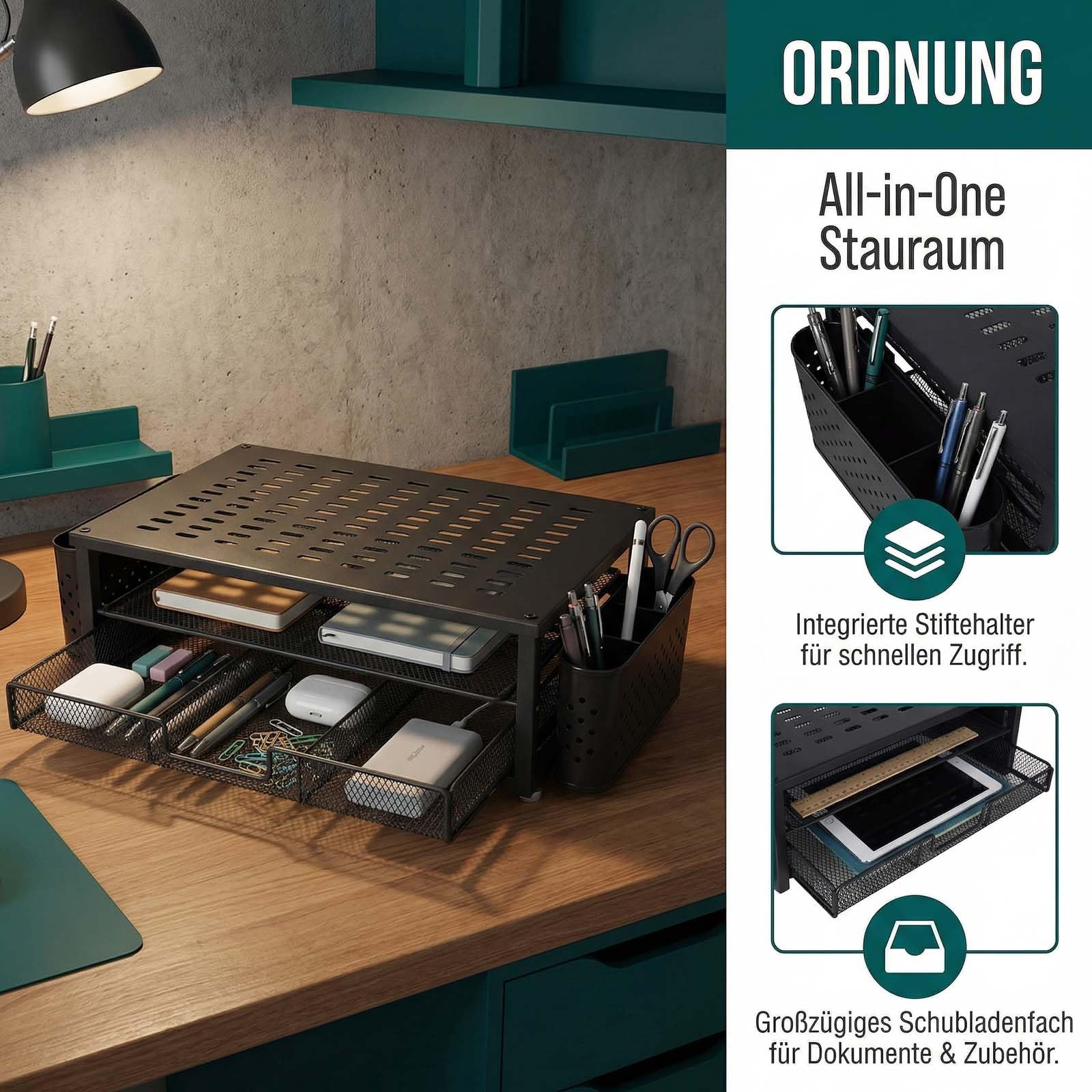 Podnośnik ekranu z szufladą i 2 uchwytami na długopisy – ergonomiczny organizer na biurko do monitorów i laptopów, stojak na akcesoria biurowe i system przechowywania do biura domowego