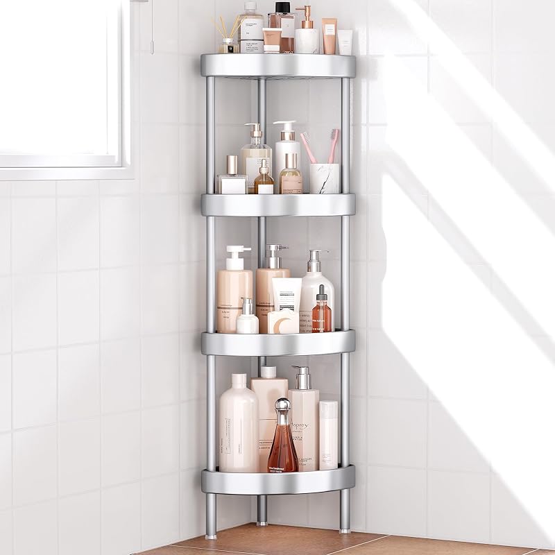 4 Tier Aluminum Corner Shower Caddy Standing Rustproof-Silver | Anodized aluminum shower stands,for inside shower,height-adjustable legs,for uneven surfaces