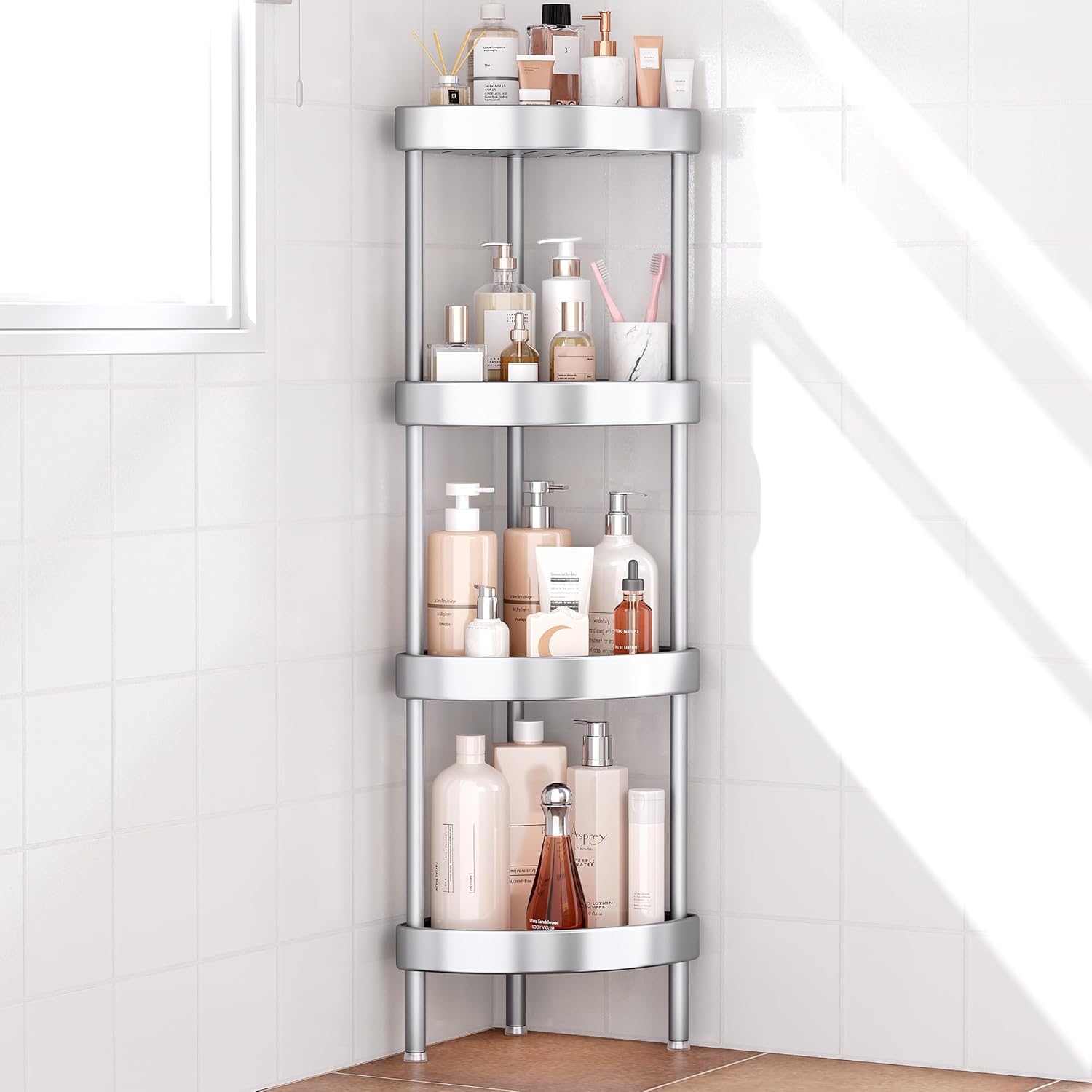 Nieifi Corner Shower Caddy Stand-4 Tier Rustproof Anodized Aluminum Standing Shower Organizer-Shower Caddy Corner-Dual Stability to Anti-Shaking-Height-Adjustable Legs