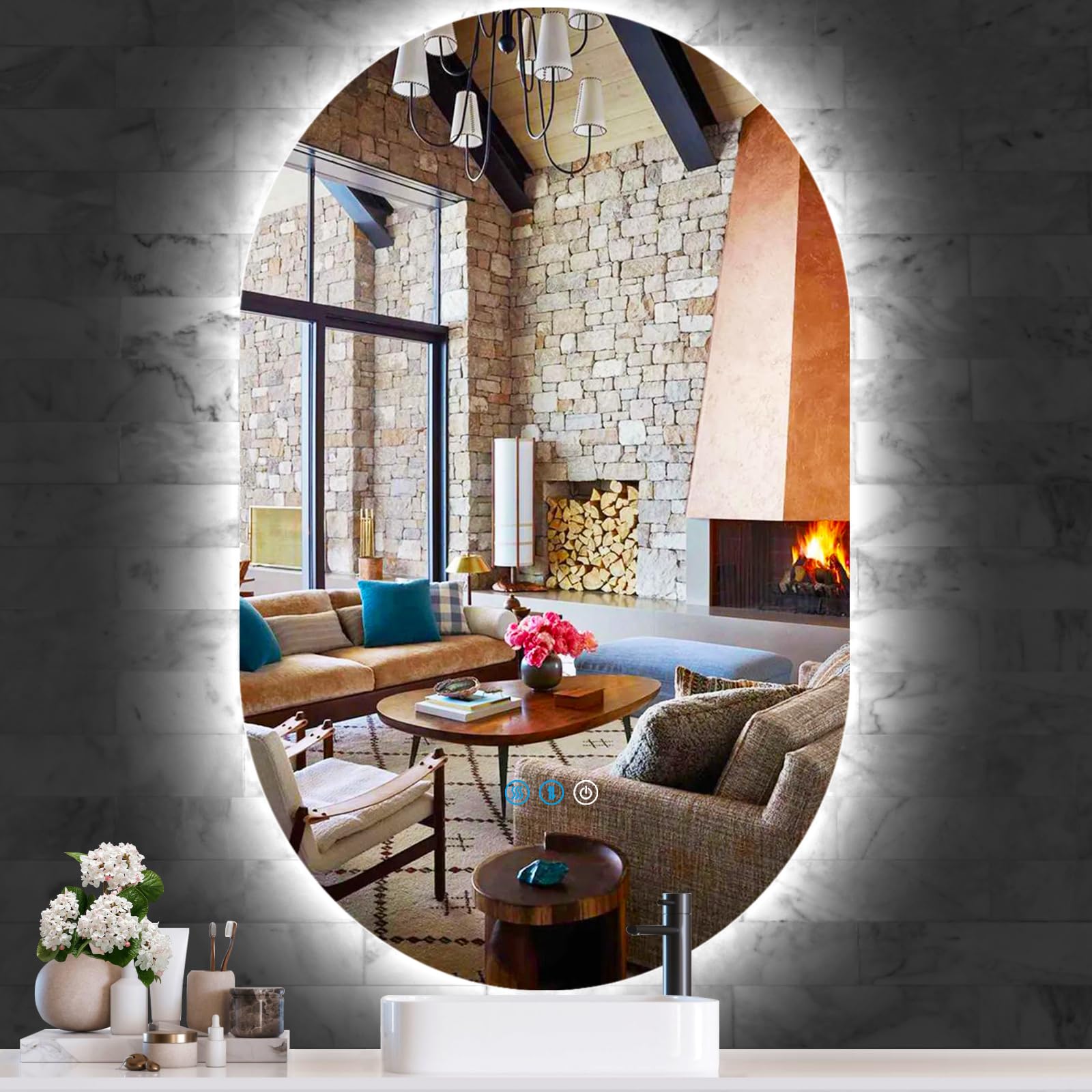 THEKLA 20 x 40 Inch Oval Lighted Vanity Mirror with Lights Backlit Smart Memory 3 Color Dimmable AntiFog 40