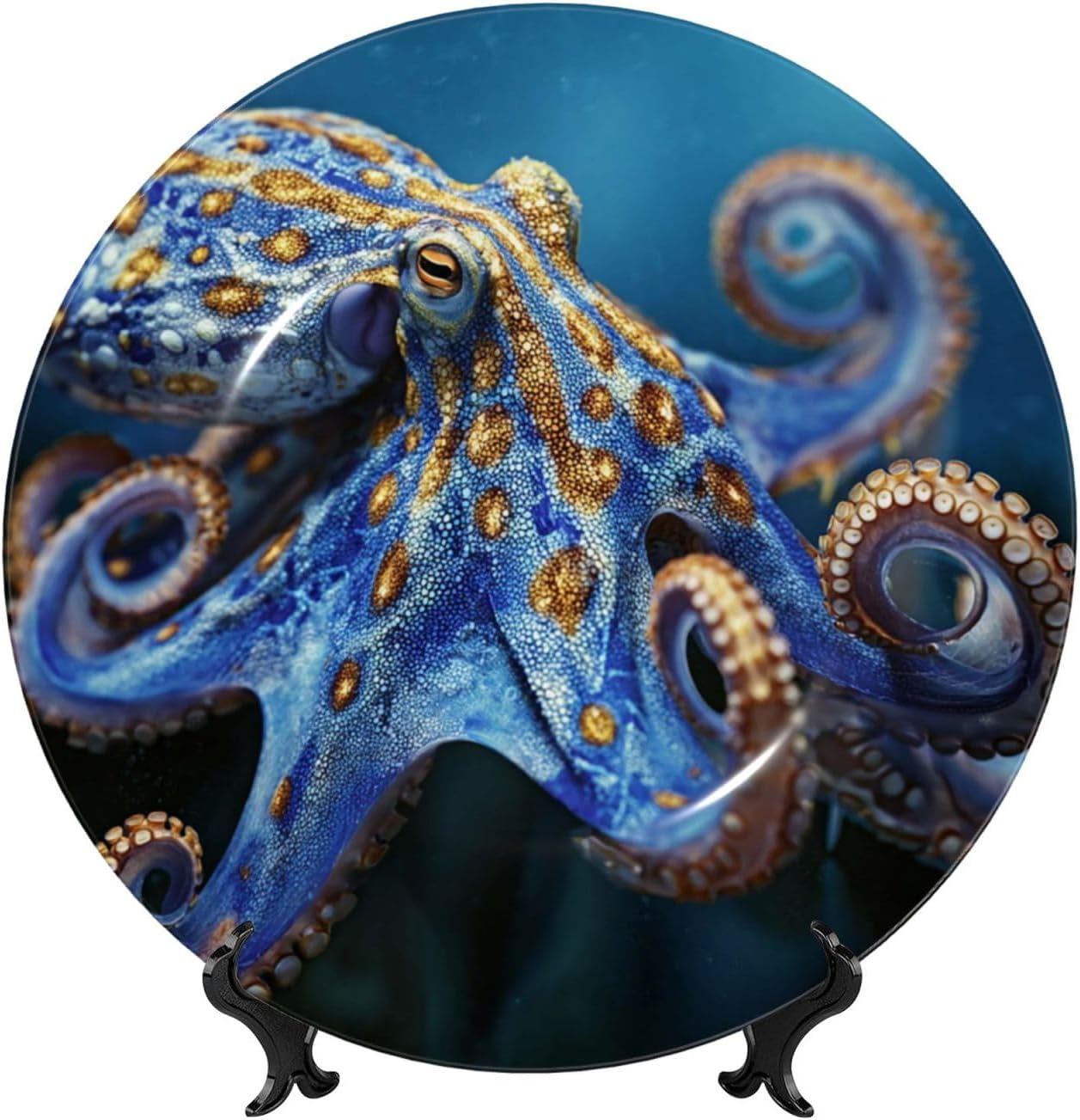 Bone China Decorative Plate with Display Blue Ringed Octopus Ceramic Plates Crafts Art Decor Dessert Plate Ceramic Ornament Porcelain Plates for Living Room Kitchen Table Home Decor