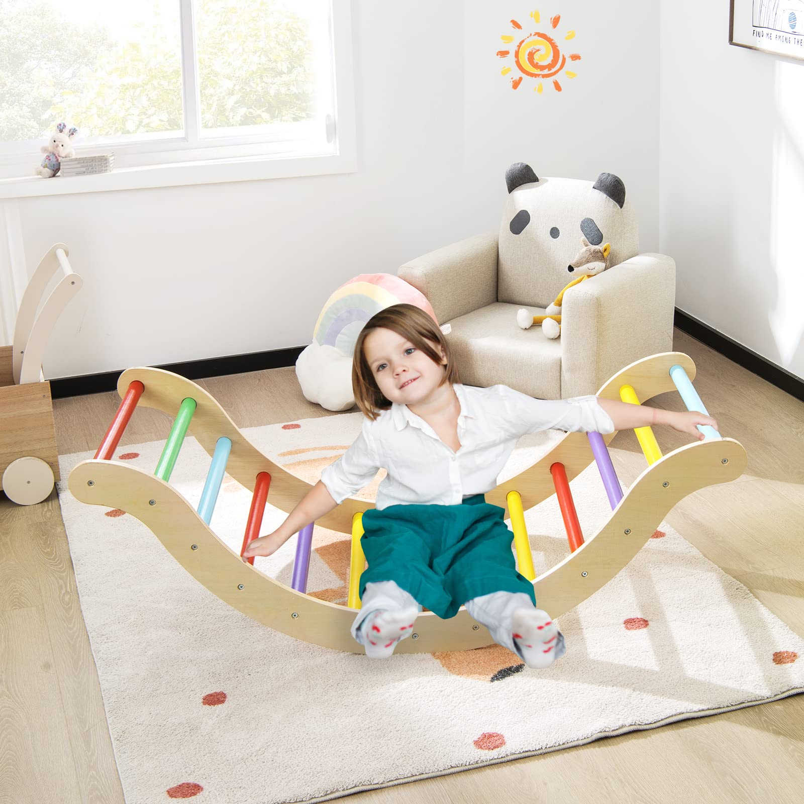 COSTWAY 3 en 1 Escalada de Arco para Niños con Cojín, Triángulo Rampa Reversible para Escalar y Deslizarse, Escalera Abovedada Versátil para Niños para Uso Interno, Carga 60 kg (Multicolor)