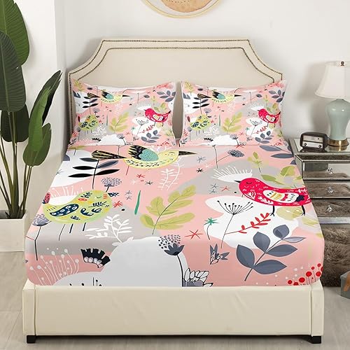 Miniatura 3 de Manfei Juego de sábanas de pájaros tamaño matrimonial, juego de ropa de cama floral de hojas botánicas para decoración de habitación de niños y