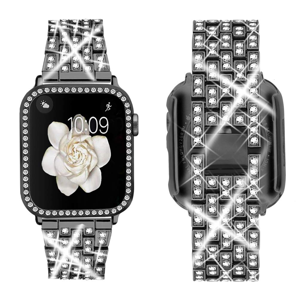 Supoix Compatible with Apple Watch Band 38/40/41/42/44/45/46/49mm+ Case, Women Jewelry Bling Diamond Rhinestone Replacement Metal Bands & 2 Pack PC
