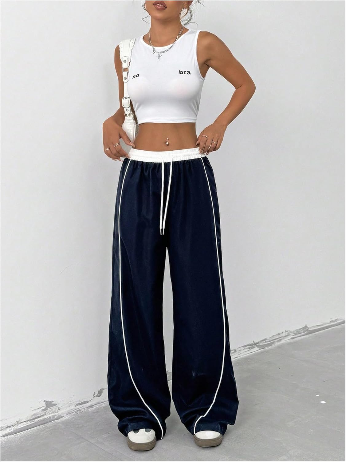 OYOANGLE Women's Baggy Track Pants Side Striped Drawstring Waist Y2K Wide Leg Sweatpants - Image 6