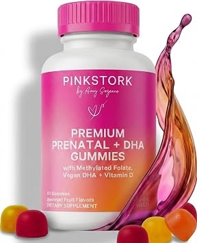 Pink Stork Premium Prenatal Gummy Vitamins | Vegan Algae DHA + Methylated Folate + Methylcobalamin | MTHFR-Friendly | No Iron | No Fishy Aftertaste | 60 Vegan Gummies, 30-Day Supply