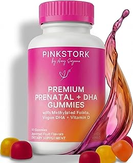 Pink Stork Premium Prenatal Gummy Vitamins with DHA, Folate, and Vitamin D - Multivitamin for Neural Tube and Fetal Brain Development - 60 Vegan Gummies for Morning Sickness Support