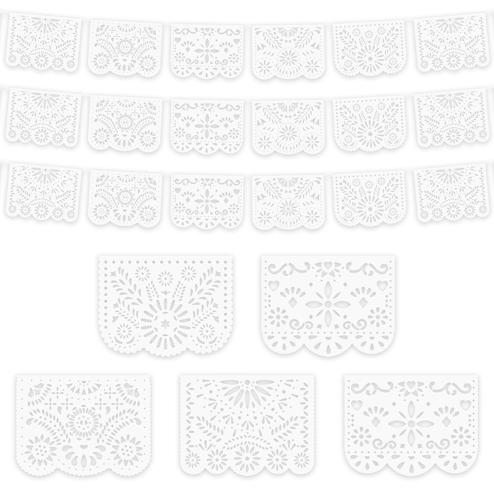 Striscione Messicano Papel Picado Bianco – 10 Pezzi In Plastica Per Feste, Matrimonio, Battesimo, Decorazione Tema Messicano - 2