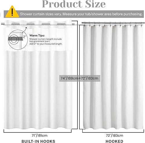 Miniatura 7 de Cortina de ducha sin gancho con forro a presión, cortina de ducha de gofre para baño, tela estilo hotel, forro interior impermeable, 71 pulgadas de